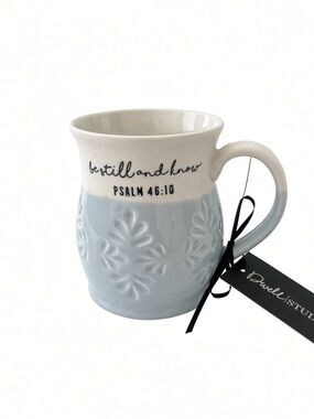 Dwell Studio “Be Still and Know” Blue White Ceramic Psalm 46:10 Mug